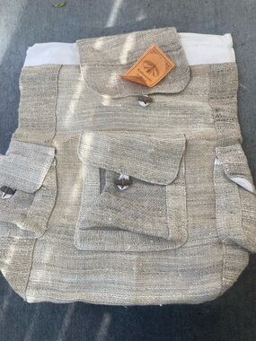 Beige Woven Hemp Backpack with Front Pockets
